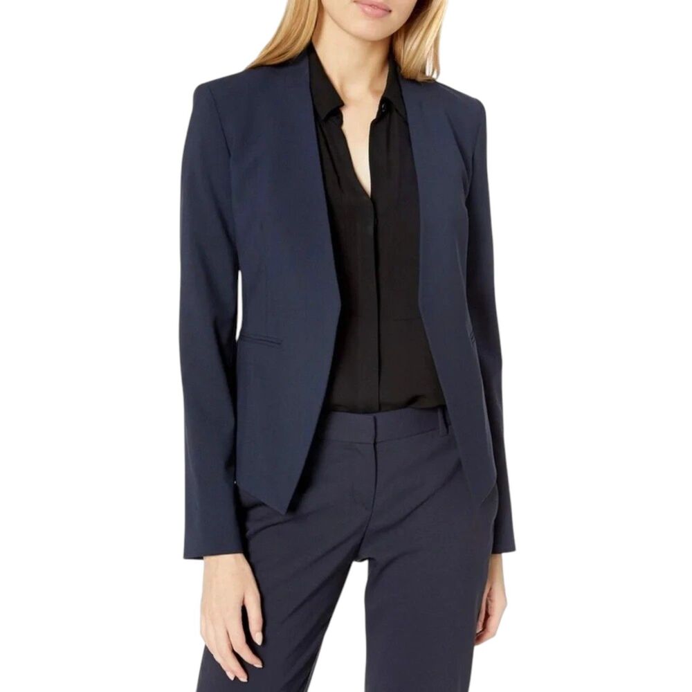 Theory Lana Tuck Stripe Open Front Virgin Wool Pinstripe Blazer Navy Size 4 USA